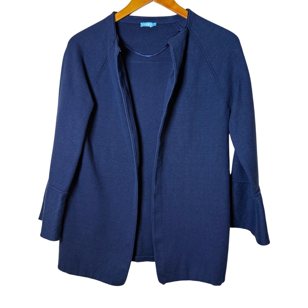 J.McLaughlin Women Cardigan S Navy Blue Zebra Cuff Bell Sleeve Preppy Coastal